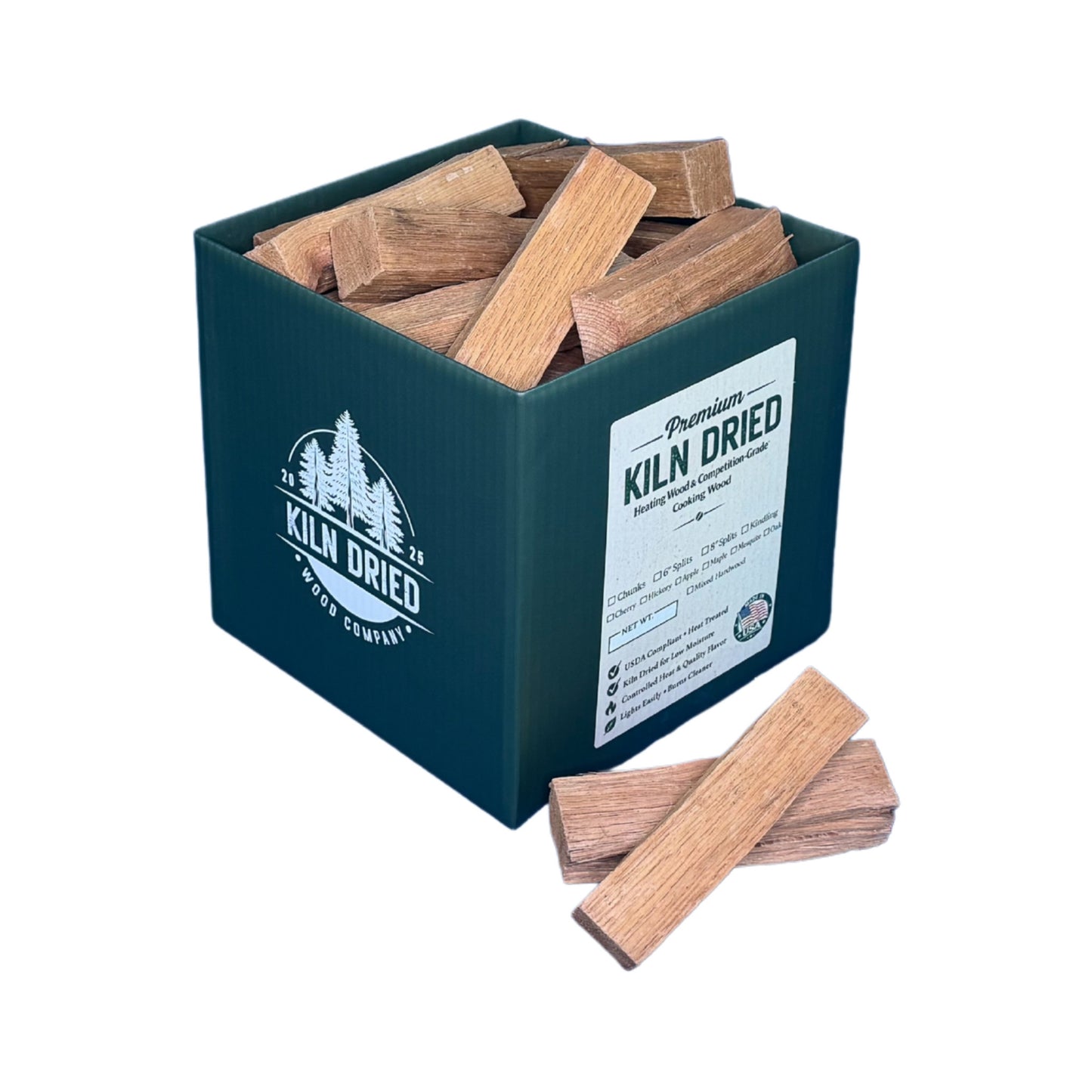 6-inch kiln-dried oak cooking wood splits in branded Kiln Dried Wood Company box with loose oak pieces on white background for smoking, grilling, and wood-fired cooking