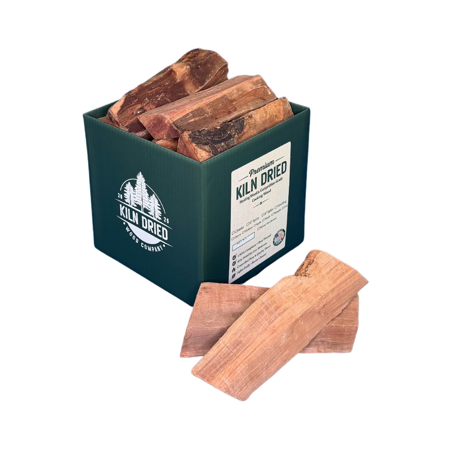 8-inch kiln-dried apple cooking wood splits in branded Kiln Dried Wood Company box with loose apple wood pieces on white background for smokers, grills, and wood-fired cooking