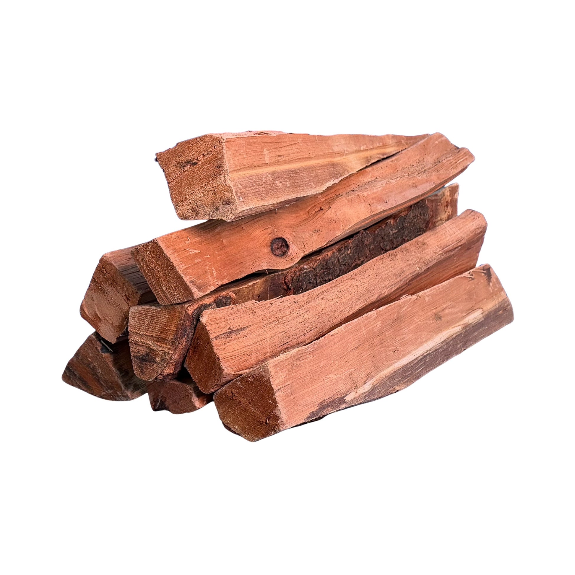 Close-up of 16-inch kiln-dried cherry cooking wood splits on white background for smokers, wood-fired ovens, and long-duration outdoor cooking