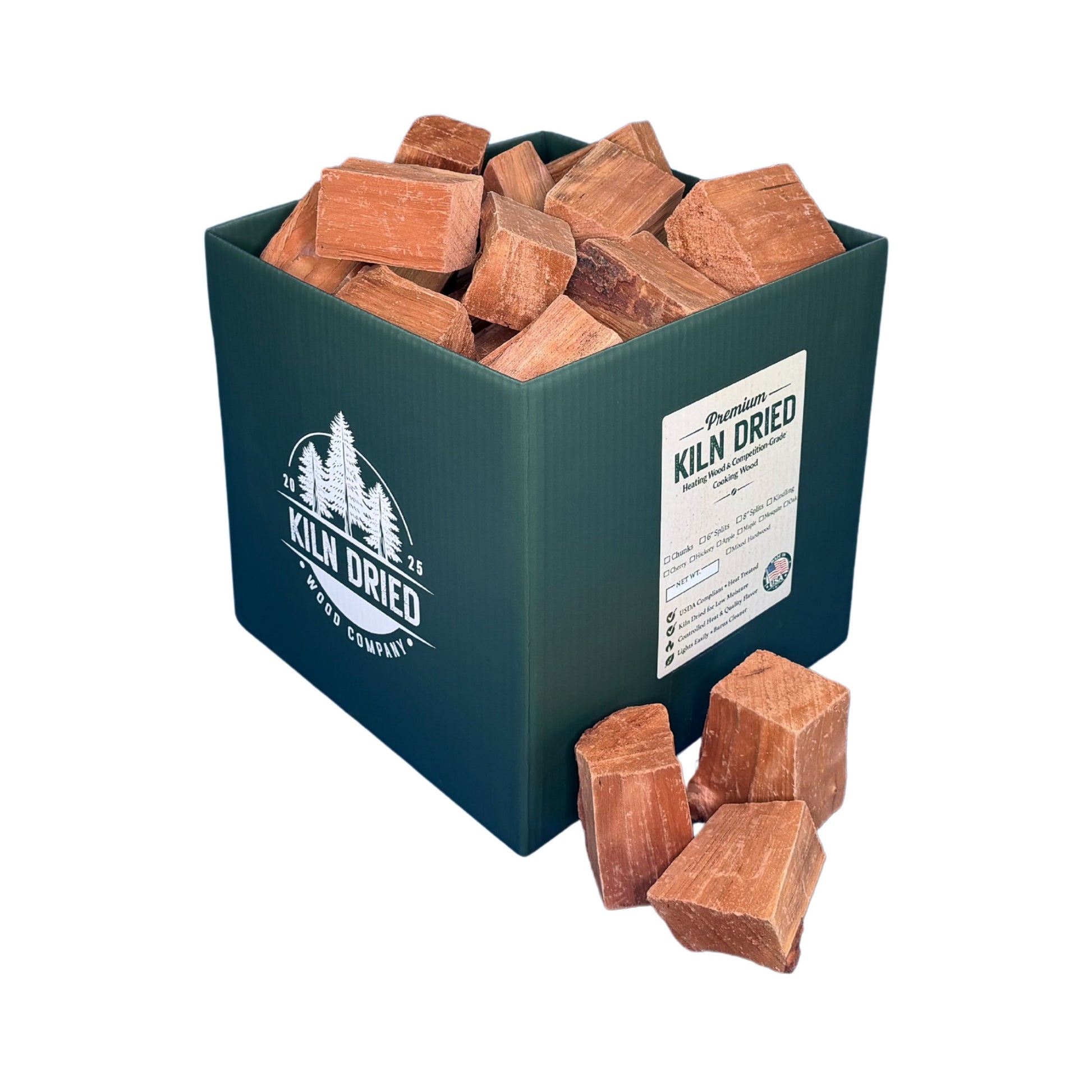 3-inch kiln-dried cherry cooking wood chunks in branded Kiln Dried Wood Company box with loose cherry chunks on white background for smokers, grills, and BBQ smoking