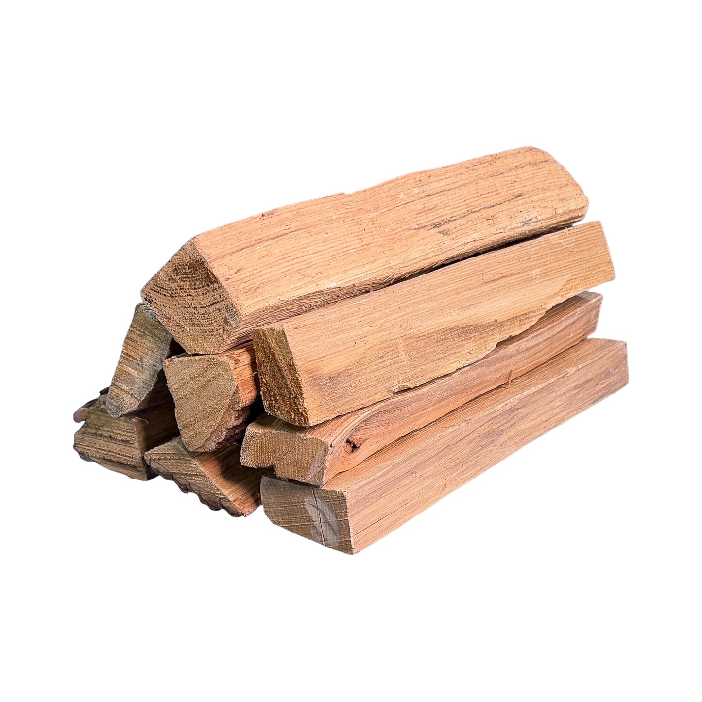Close-up of 16-inch kiln-dried hickory cooking wood splits on white background for smokers, wood-fired ovens, and bold-flavor outdoor cooking