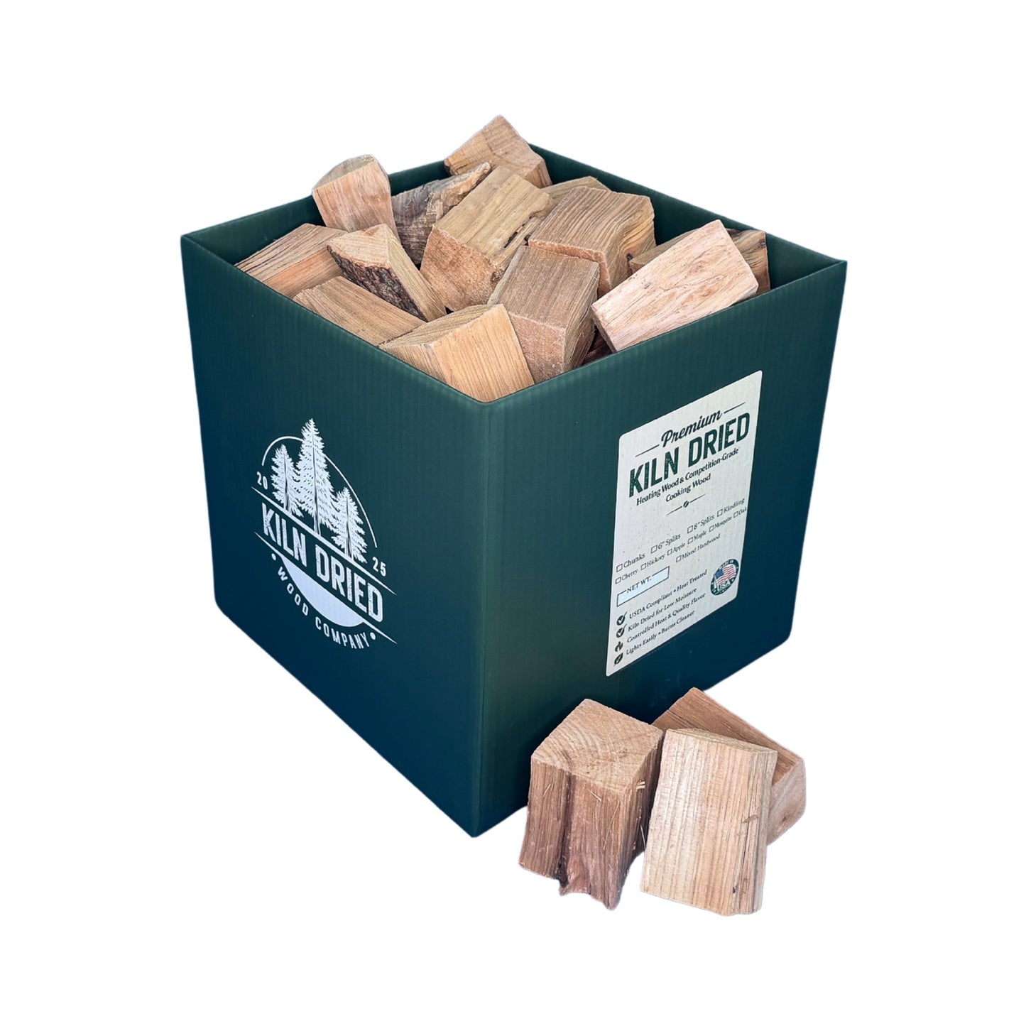3-inch kiln-dried hickory cooking wood chunks in branded Kiln Dried Wood Company box with loose hickory chunks on white background for smokers, grills, and BBQ smoking