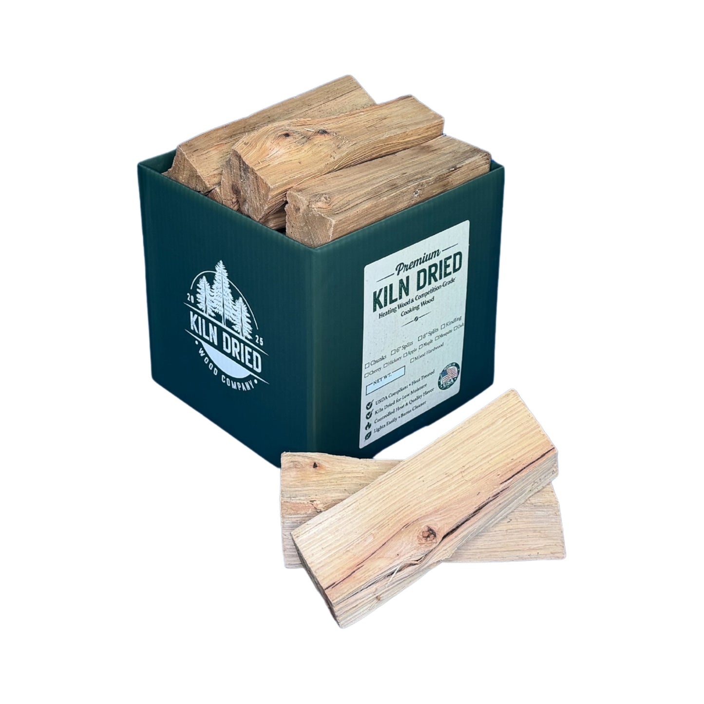 8-inch kiln-dried hickory cooking wood splits in branded Kiln Dried Wood Company box with loose hickory pieces on white background for smokers, grills, and wood-fired cooking