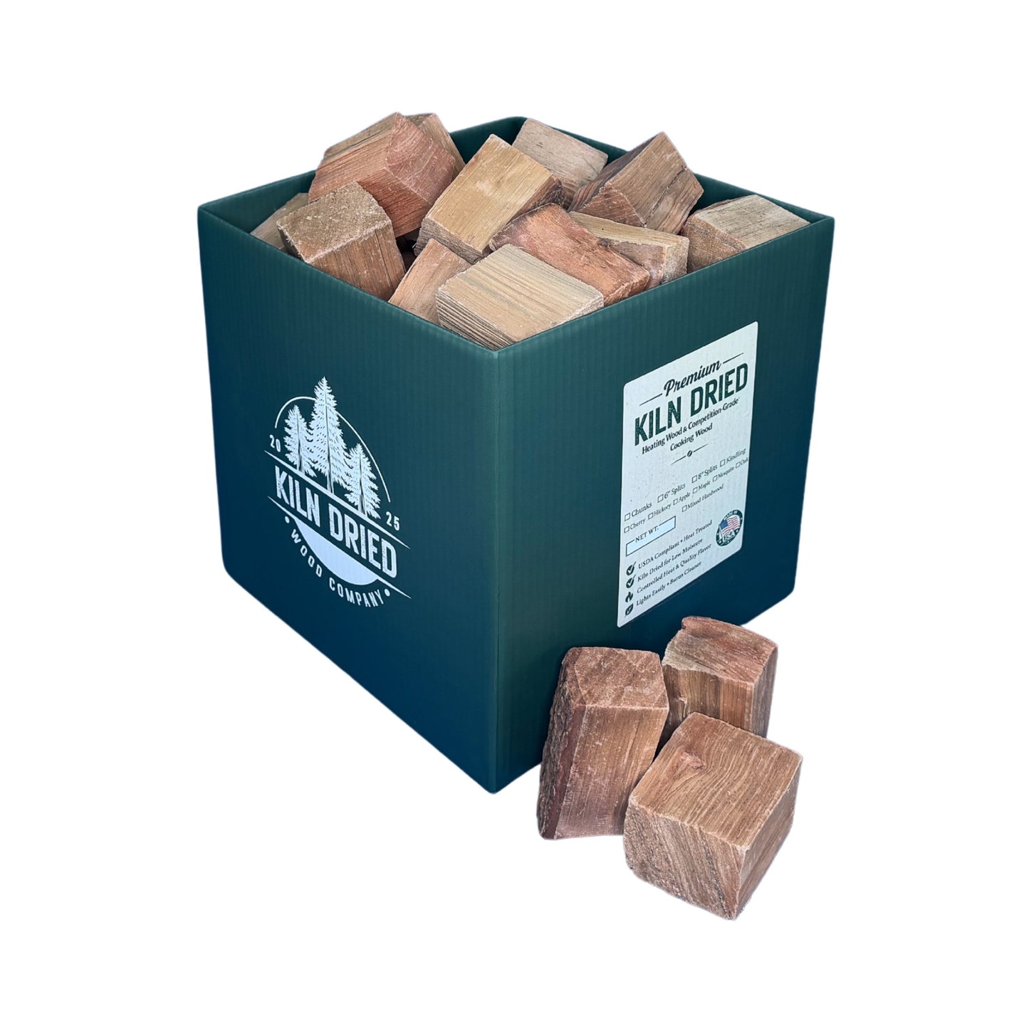 3-inch kiln-dried maple cooking wood chunks in branded Kiln Dried Wood Company box with loose maple chunks on white background for smokers, grills, and BBQ smoking