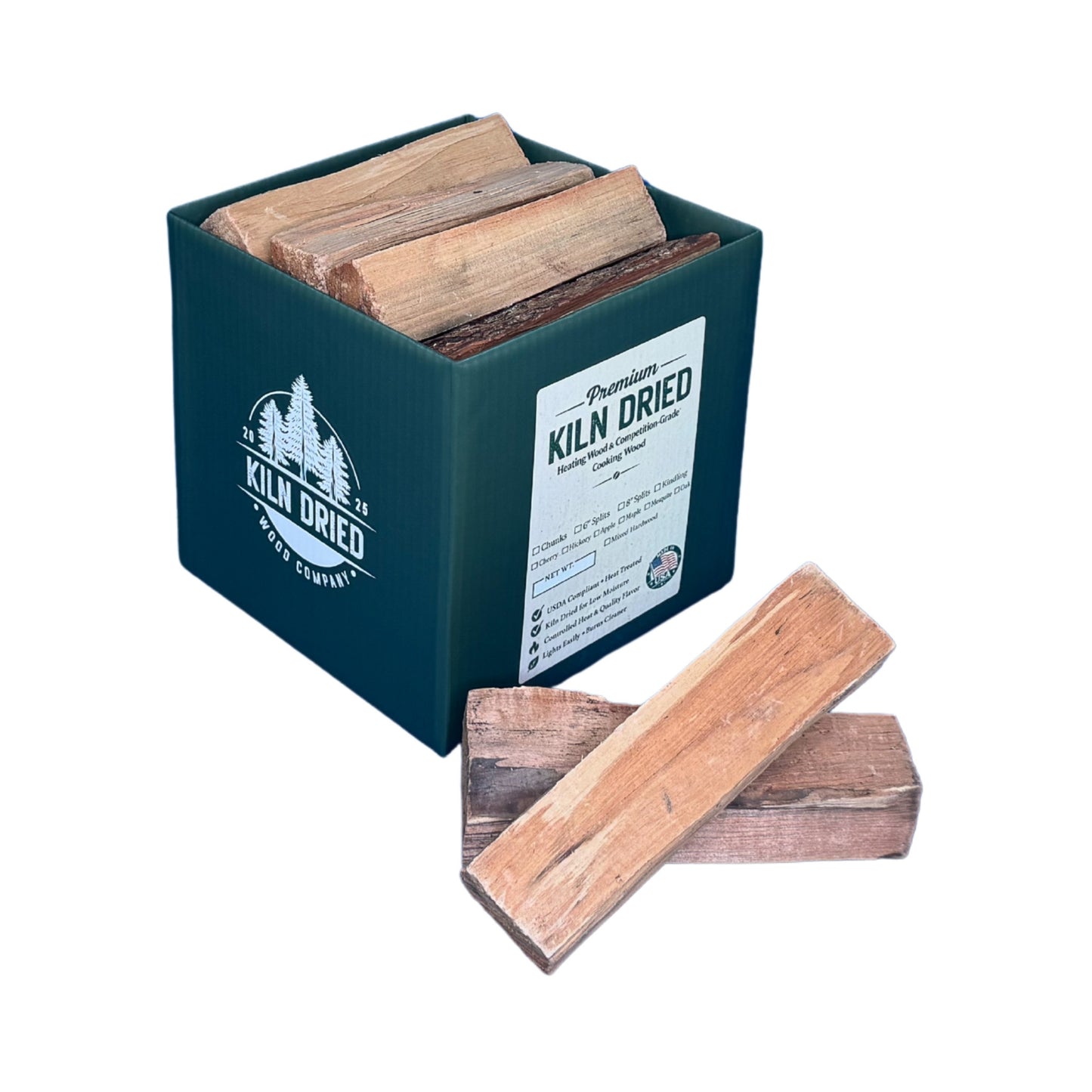 8-inch kiln-dried maple cooking wood splits in branded Kiln Dried Wood Company box with loose maple pieces on white background for smokers, grills, and wood-fired cooking