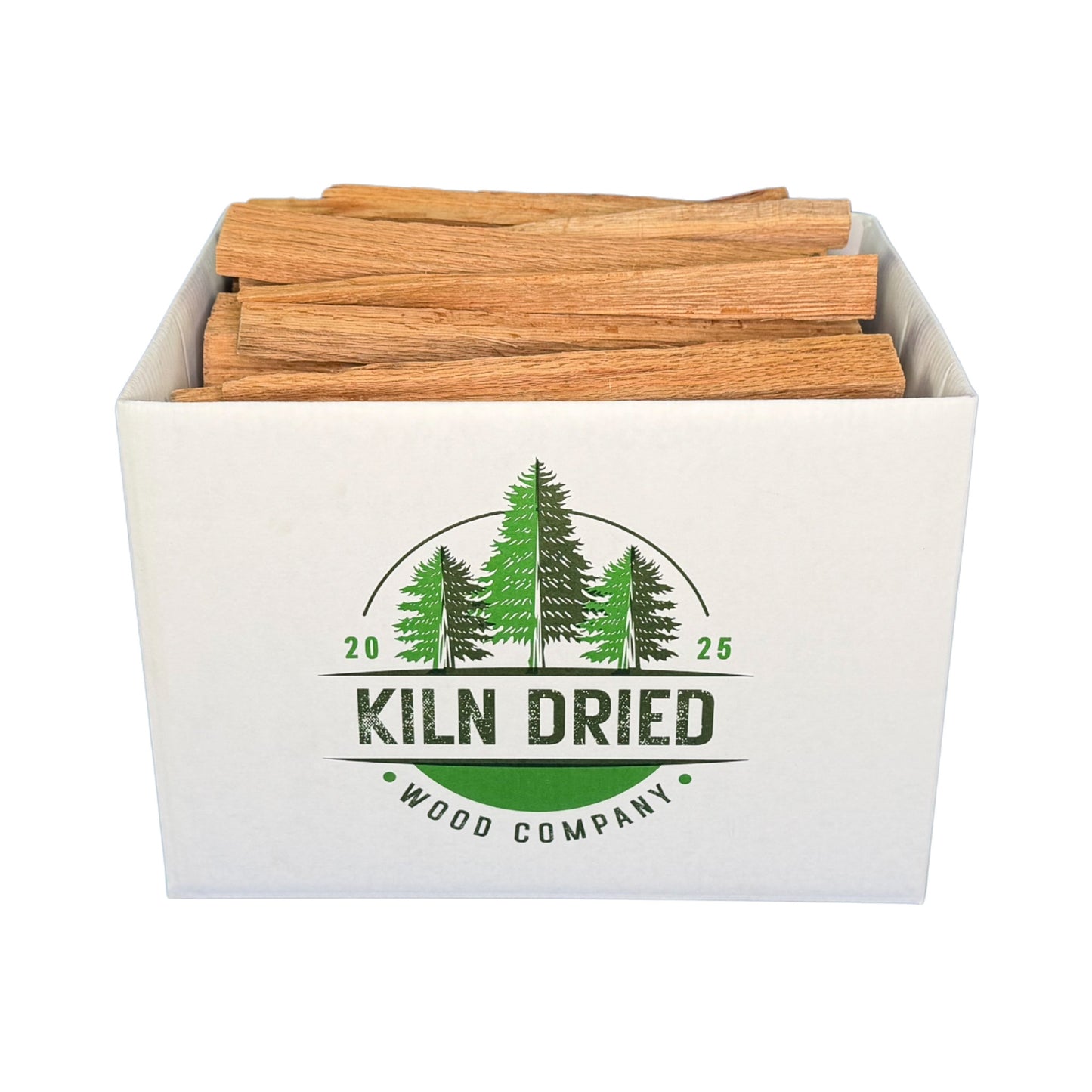 Mixed hardwood kindling in branded Kiln Dried Wood Company box on white background for fast fire starting, fireplaces, wood stoves, fire pits, and outdoor cooking