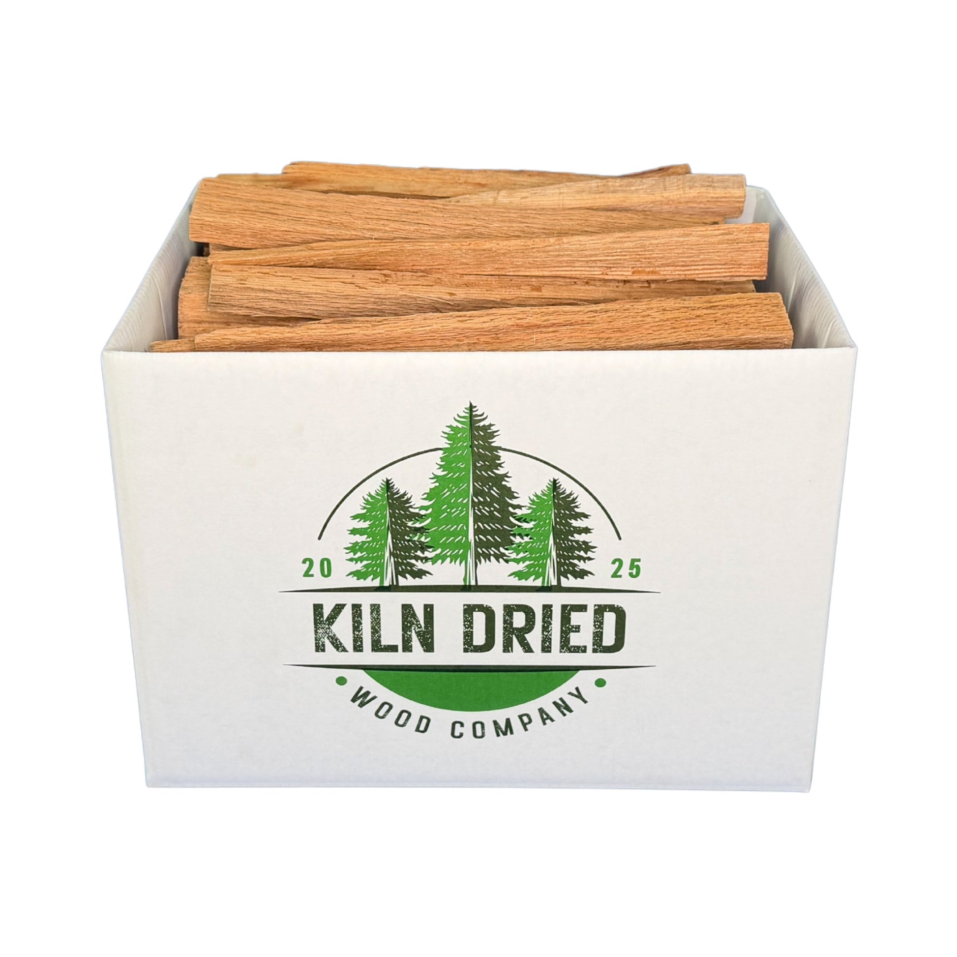 Mixed hardwood kindling in branded Kiln Dried Wood Company box on white background for fast fire starting, fireplaces, wood stoves, fire pits, and outdoor cooking