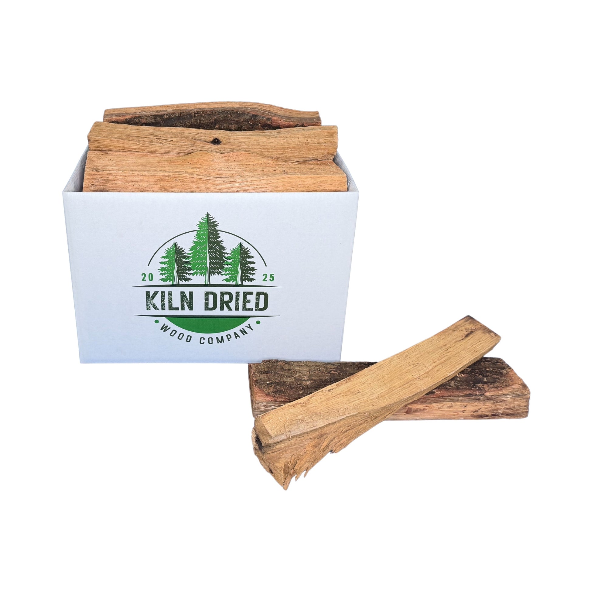 16-inch kiln-dried oak cooking wood splits in branded Kiln Dried Wood Company box with loose splits on white background for pizza ovens and high-heat wood-fired cooking