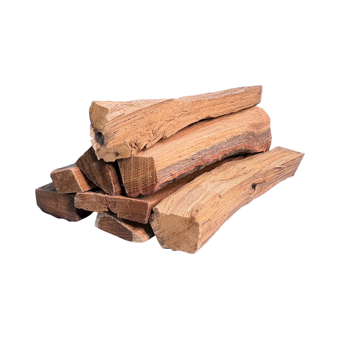 Close-up of 16-inch kiln-dried oak cooking wood splits on white background for smokers, wood-fired ovens, and high-heat outdoor cooking