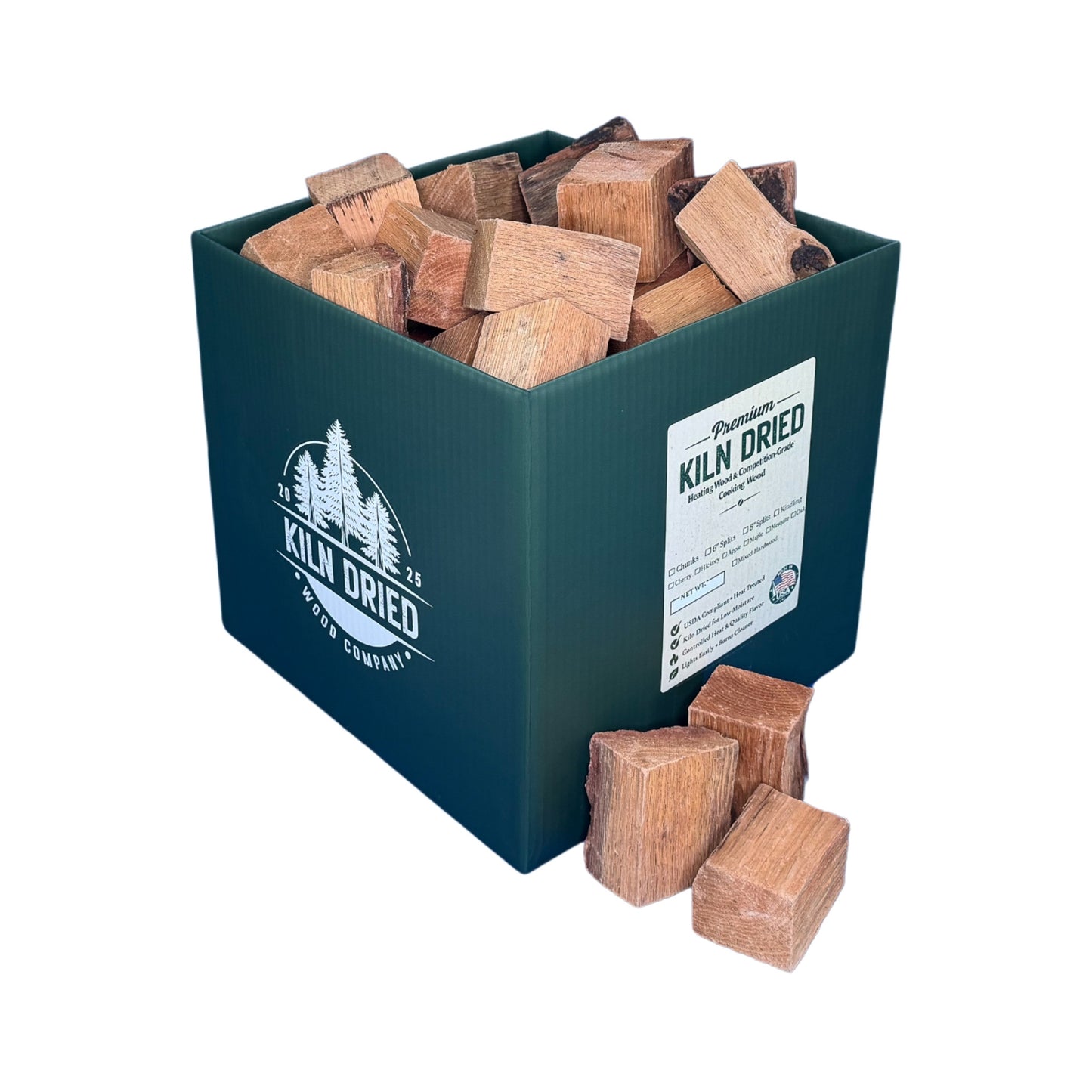3-inch kiln-dried oak cooking wood chunks in branded Kiln Dried Wood Company box with loose oak chunks on white background for smokers, grills, and BBQ smoking