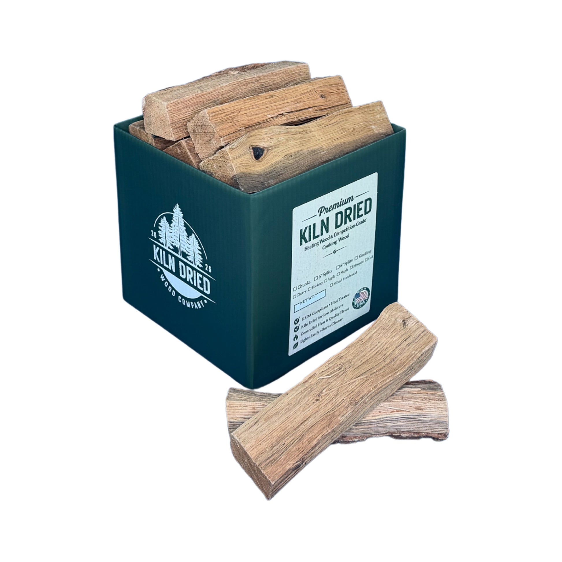8-inch kiln-dried oak cooking wood splits in branded Kiln Dried Wood Company box with loose oak pieces on white background for smokers, grills, and wood-fired cooking